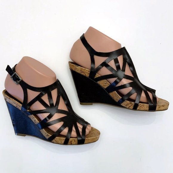 BCBGeneration Black & Beige Cork Design Strappy Slingback Wedge Sandal Shoes 6 - Picture 1 of 6